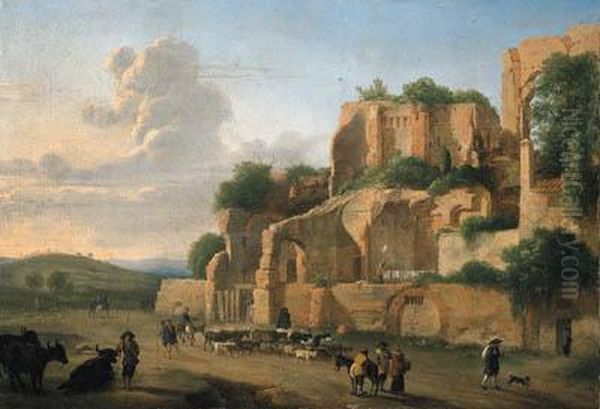 The Palatine Hill Seen From The Circus Maximus With Drovers,livestock And Other Figures Oil Painting by Hendrik Frans van Lint (Studio Lo)