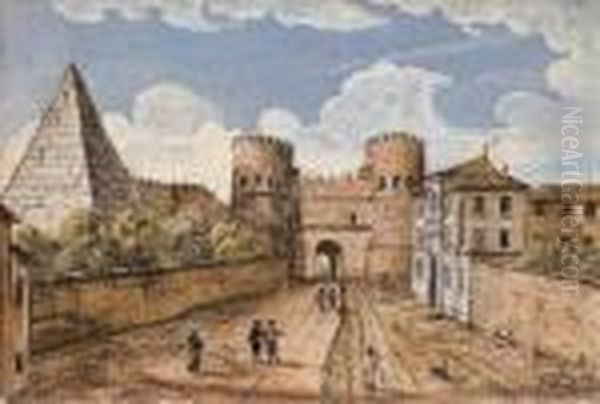 Veduta Della Piramide Di Caio Cestio Con La Porta Ostiense Oil Painting by Hendrik Frans van Lint (Studio Lo)
