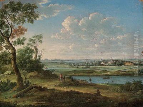An Extensive River Landscape With A Horseman On A Path, A Churchand Town Beyond Oil Painting by Hendrik Frans van Lint (Studio Lo)