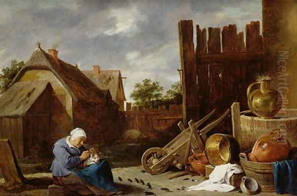 A cat tended by an old woman Oil Painting by David The Younger Teniers