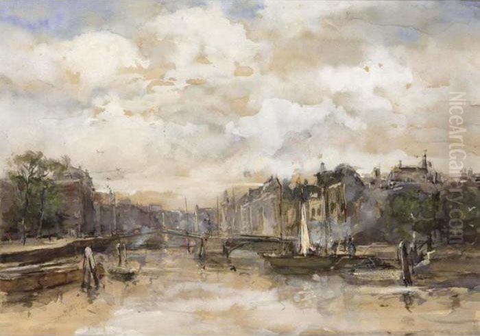 A Canal In A Dutch Town Oil Painting by Johann Hendrik Van Mastenbroek