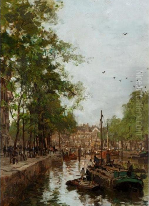 A View Of The Leuvehaven, Rotterdam Oil Painting by Johann Hendrik Van Mastenbroek
