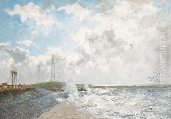 A View Of The Semafoor 
(seinhuis), Scheveningen, With The Masts Of Radio Holland In The 
Backround Oil Painting by Johann Hendrik Van Mastenbroek