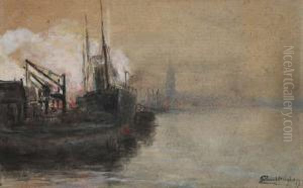 Mieghem Rede Van Antwerpen Bij 
Valavond Met Bedrijvigheid Aan De Kade En Gezicht Op De Olv-kathedraal 
Op De Achtergrond Oil Painting by Eugeen Van Mieghem