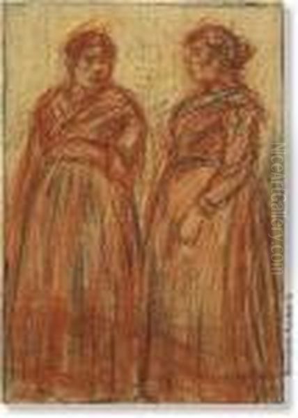 Volkse Vrouwen. Houtskool, Rood 
Krijt. Lichte Toets Van Pastel. Getekend Eug Van/mieghem. In Kader Oil Painting by Eugeen Van Mieghem