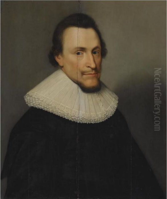 Portrait Of A Bearded Gentleman,
 Bust Length, Wearing A Blackcostume With A White Lace Collar Oil Painting by Michiel Jansz. Van Miereveldt