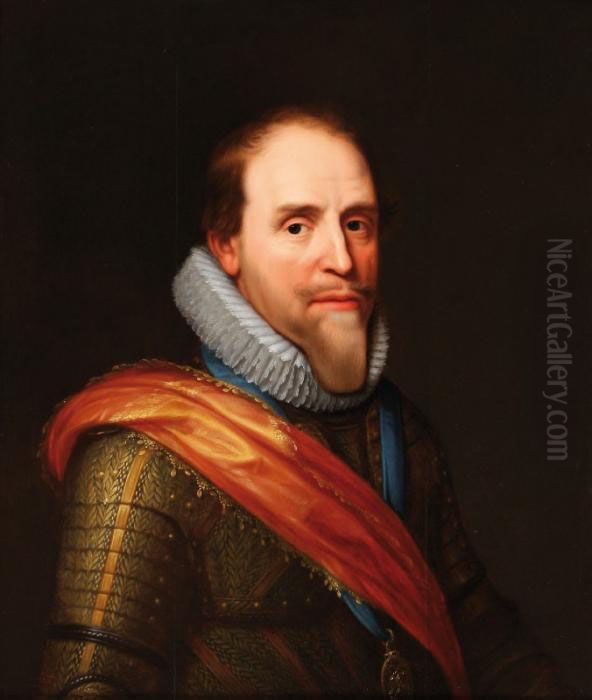 Portrait Of Princemaurits Of 
Orange, Bust-length, Wearing Armour, Lace Collar Andorange Sash Oil Painting by Michiel Jansz. Van Miereveldt