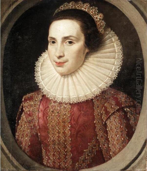 Portrait Of A Young Lady, Half 
Length, Wearing A Richly Embroidered Dress And An Elaborate Ruff Oil Painting by Michiel Jansz. Van Miereveldt