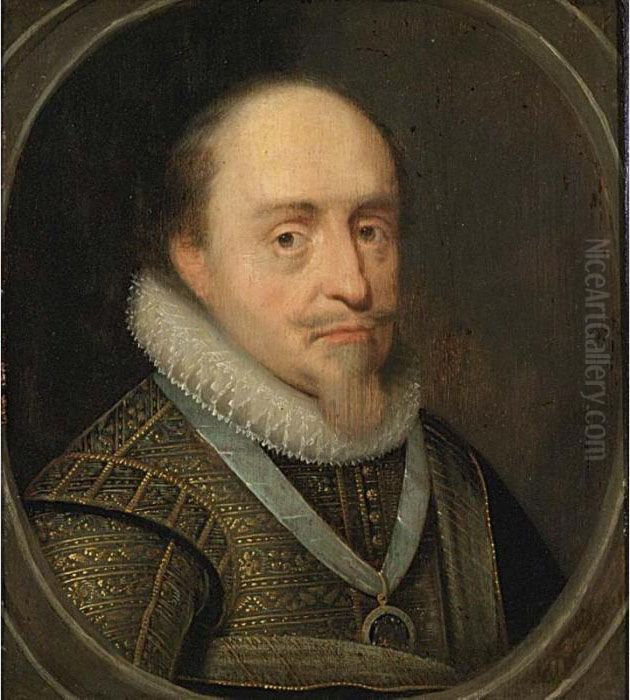 After Michiel Jansz. Van 
Mierevelt, Portrait Of Maurits , Prince Of Orange, Bust Length, In A 
Painted Oval Oil Painting by Michiel Jansz. Van Miereveldt