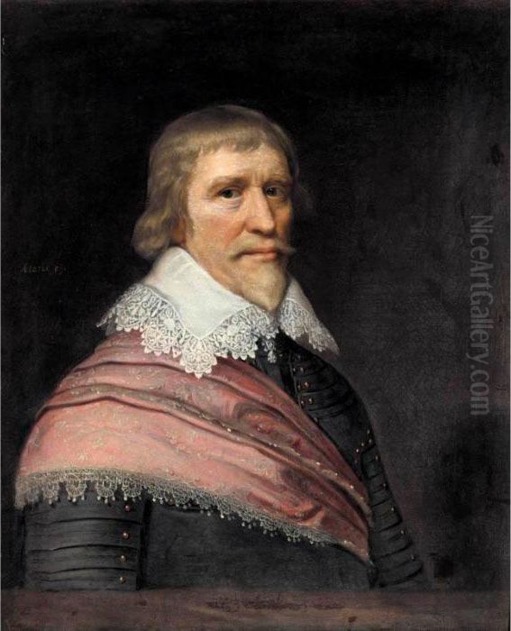 Portrait Of Edward Cecil, 
Viscount Wimbledon Aged 59, Half Length, Wearing Armour, A White Lace 
Ruff, And A Red Sash Oil Painting by Michiel Jansz. Van Miereveldt