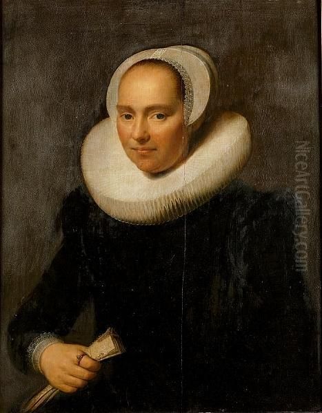 Portrait Of A Lady, Half-length,
 In A Black Dress With A Ruff And A Lace Cap, Holding A Glove Oil Painting by Michiel Jansz. Van Miereveldt