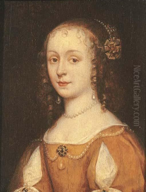 Portrait Of A Young Woman, Small
 Bust-length, In An Ochre Dress With Slashed Sleeves Set With Pearls Oil Painting by Michiel Jansz. Van Miereveldt