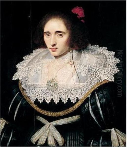 Portrait Of A Lady, Said To Be 
Elizabeth, Queen Of Bohemia, Half Length, Wearing A Black Dress With An 
Elaborate Lace Ruff, And A Red Flower In Her Hair Oil Painting by Michiel Jansz. Van Miereveldt
