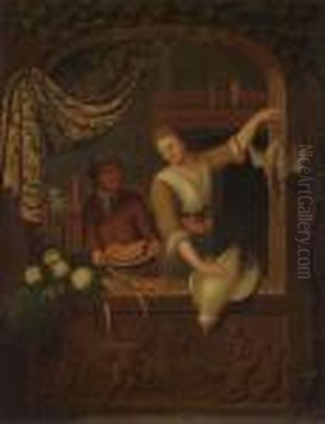 Game Salesmen In The Window Oil Painting by Willem Van Mieris Leiden