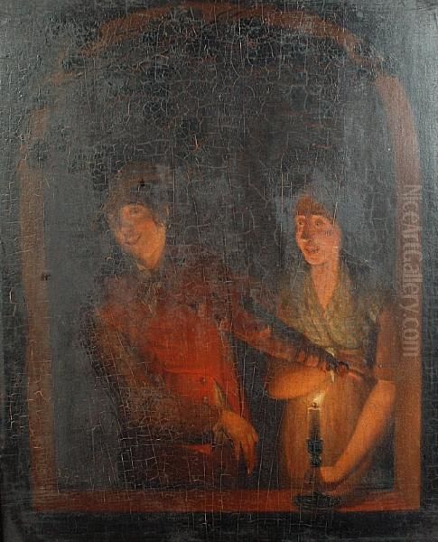 A Man Playing The Violin Beside A Young Womanstanding At A Stone Window By Candlelight Oil Painting by Willem Van Mieris Leiden