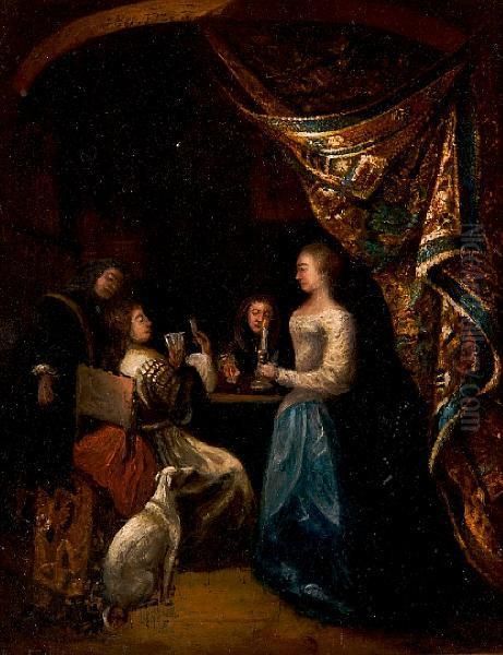 Interior With Figures Beside Drapedtable Oil Painting by Willem Van Mieris Leiden