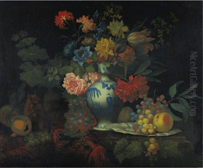 Still Life With Grapes, Peaches And A Bouquet Of Flowers In A Jar, All On A Draped Ledge Oil Painting by Willem Van Mieris Leiden