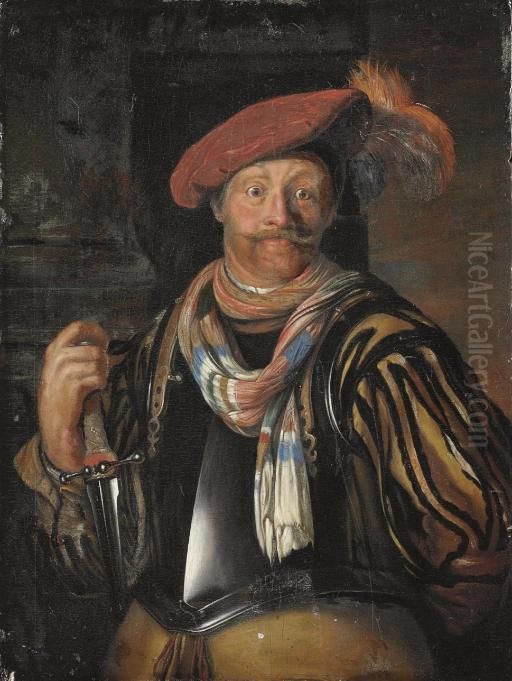 Portrait Of A Gentleman, 
Half-length, In Armour And A Red Plumed Cap, A Sword In His Right Hand Oil Painting by Willem Van Mieris Leiden