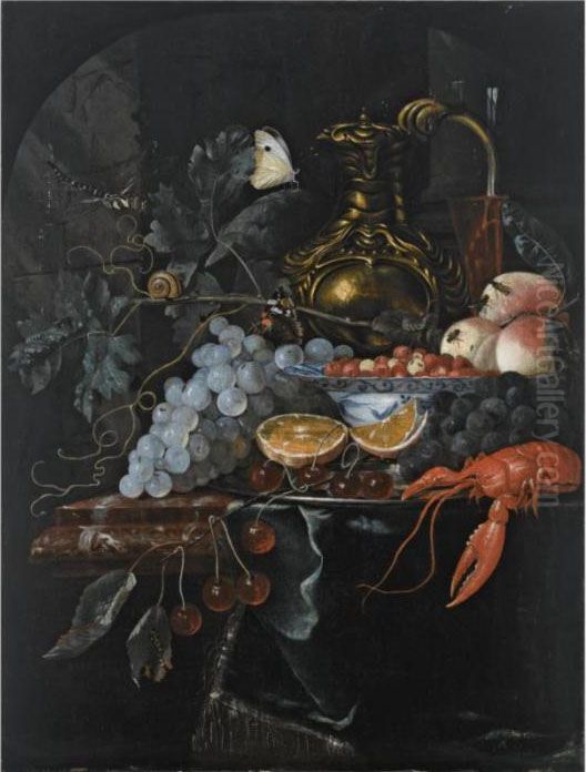 A Still Life With Grapes, 
Strawberries In A Porcelain Bowl, Peaches, A Silver-gilt Jug, A Wine 
Glass, Oranges, Cherries And A Lobster, On A Silver Plate, All On A 
Marble Ledge Draped With A Green Cloth, Together With Two Butterflies, A
 Snail And A Oil Painting by Willem Van Mieris Leiden