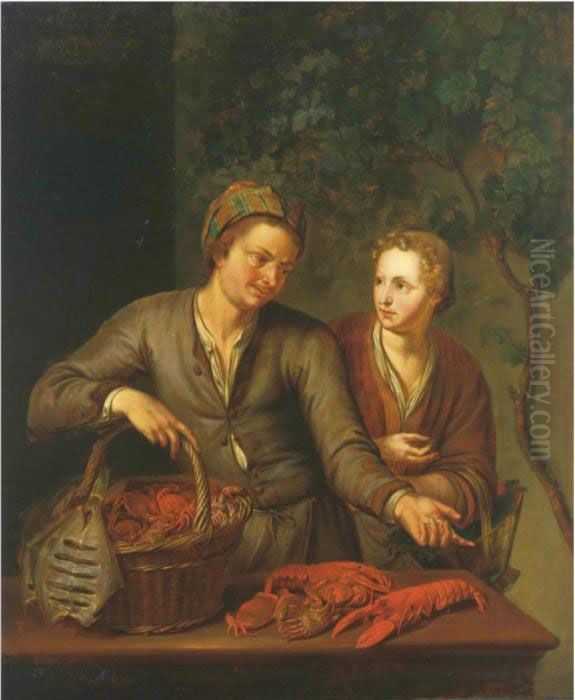 A Fishmonger Selling Crabs To A Lady Oil Painting by Willem Van Mieris Leiden
