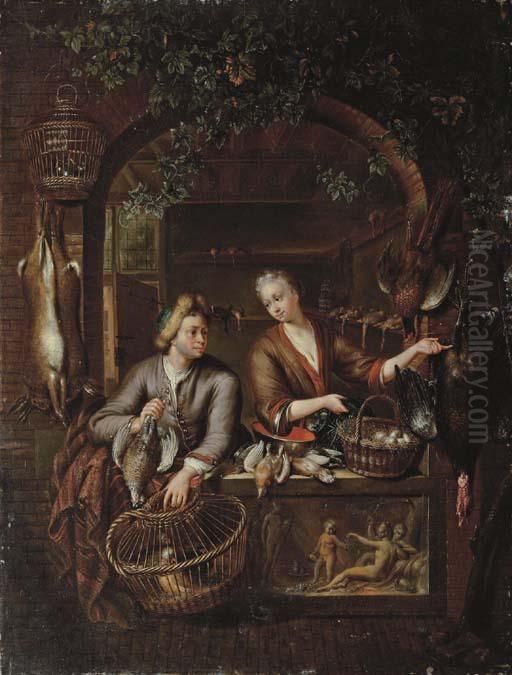Poultry Sellers In A Arched Window Above A Carved Relief Oil Painting by Willem Van Mieris Leiden