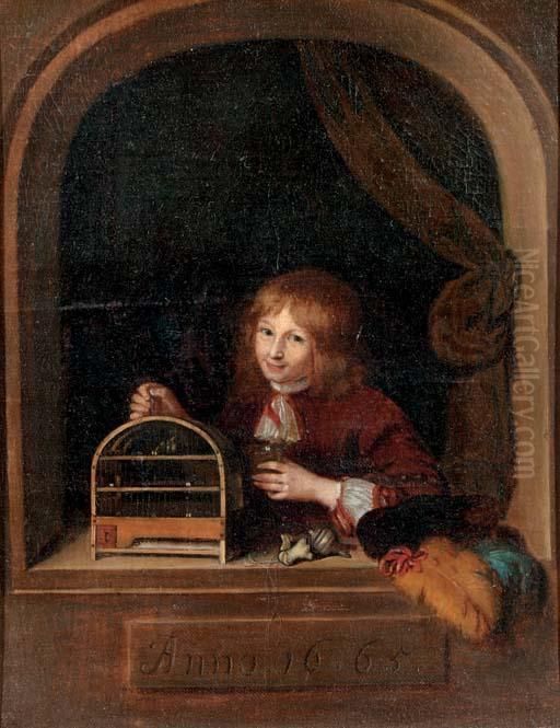 A Boy In A Feigned Niche Holding A Cage With A Song Bird Oil Painting by Willem Van Mieris Leiden