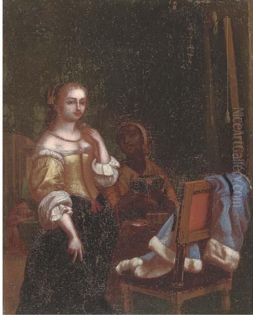 A Lady And Her Maid In An Interior Oil Painting by Willem Van Mieris Leiden