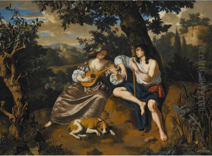 Arcadian Landscape With A 
Shepherd Holding A Flute Listening To A 
Shepherdess Playing A Stringed Instrument A Dog 
Lying At Their Feet Oil Painting by Willem Van Mieris Leiden