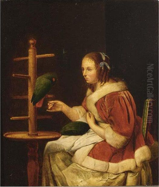 A Woman Playing The Mandoline; A Woman In A Red Jacket; Feeding A Parrot Oil Painting by Willem Van Mieris Leiden