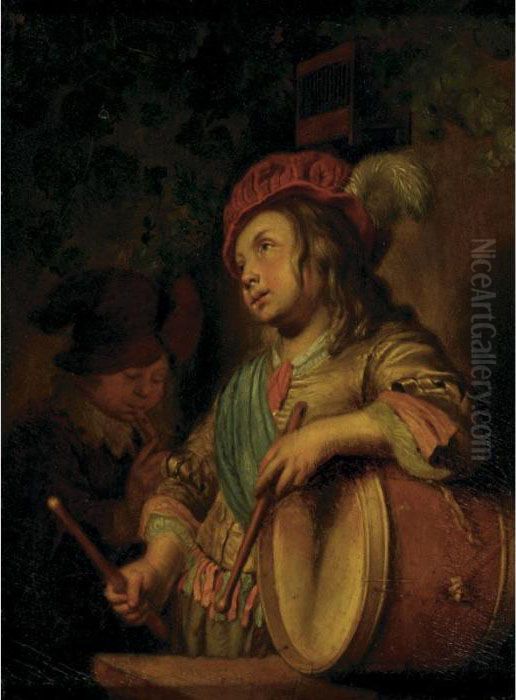 Boys Playing The Flute And Drum Oil Painting by Willem Van Mieris Leiden