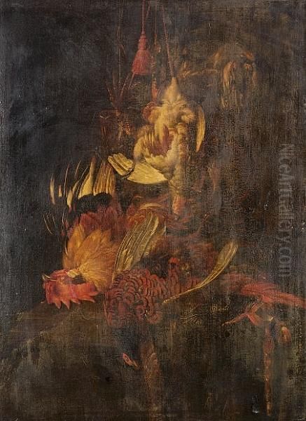Dead Game With A Grouse And 
Songbirds Hanging In A Niche, A Pheasant And A Cockerel Lying On A Table
 Below, Surrounded By Hunting Paraphernalia Oil Painting by Willem Van Mieris Leiden