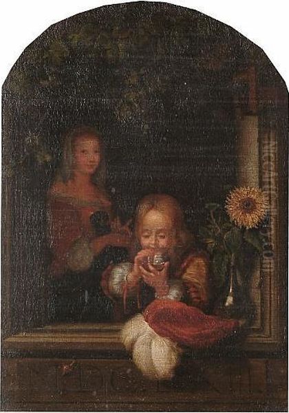 After Willem Van Mieris, 19th Century A Young Boy At A Window Blowing Bubbles Oil Painting by Willem Van Mieris Leiden