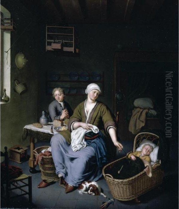 Interior With A Mother Attending Her Children Oil Painting by Willem Van Mieris Leiden