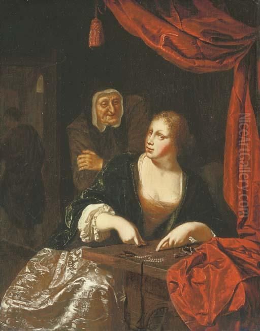 Une Courtisane Comptant De L'argent, Une Entremetteuse Al'arriere-plan Oil Painting by Willem Van Mieris Leiden