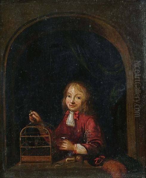 A Young Boy With Bird Cage At A Niche Oil Painting by Willem Van Mieris Leiden