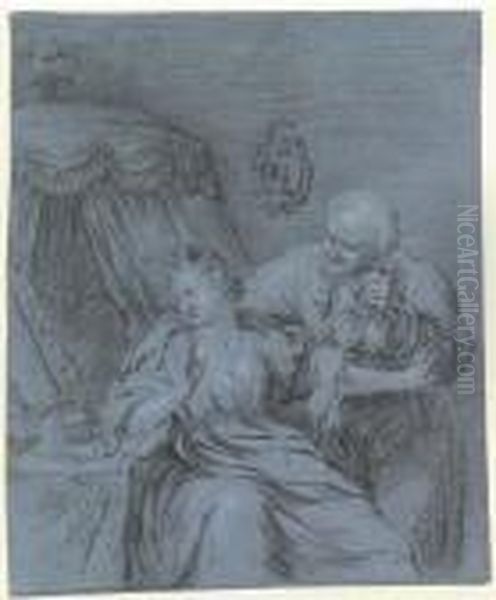 A Bearded Man Holding Bags Of Gold Seducing A Lady At Her Dressing Table Oil Painting by Willem Van Mieris Leiden