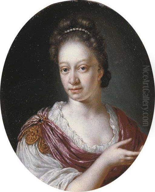 Portrait Of A Lady, Small 
Bust-length, In A White Gown And Afuchsia Shawl Held Together With A 
Gold Clasp Set With A Stone,pearls In Her Hair Oil Painting by Willem Van Mieris Leiden