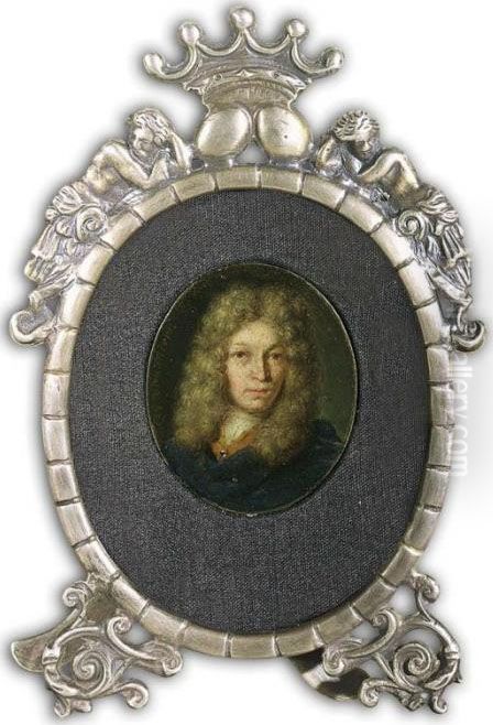 A Portrait Of A Gentleman, Bust 
Length, Wearing An Orange Coat With A Blue Velvet Cloak, A White Chemise
 And A Wig Oil Painting by Willem Van Mieris Leiden