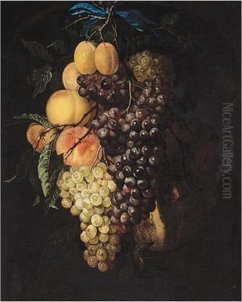 A Garland Of Grapes, Peaches, 
Apricots And A Honey Melon, Suspended From A Nail, Tied With A Blue 
Ribbon, Set Within A Feigned Stone Niche Oil Painting by Willem Van Mieris Leiden