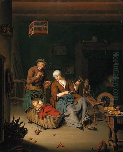 A Peasant Family In A Cottage Interior Oil Painting by Willem Van Mieris Leiden