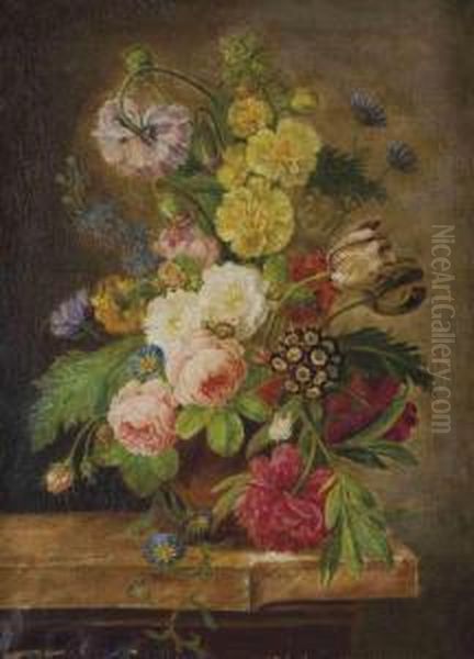 Vase Avec Pivoines, Roses Et 
Tulipes, Liserons Et Autres Fleurs Sur Un Entablement En Marbre Oil Painting by Jan van Os