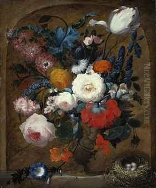 Roses, Peonies, Larkspur And 
Morning Glory In An Ornamental Urnwith A Nest Of Four Eggs, On A Stone 
Ledge Oil Painting by Jan van Os