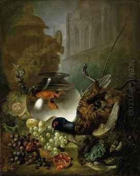 Grapes, Pomegranates, Game, 
Fish, Goldfish In A Bowl, A Classicalurn, With A Gothic Building Beyond Oil Painting by Jan van Os