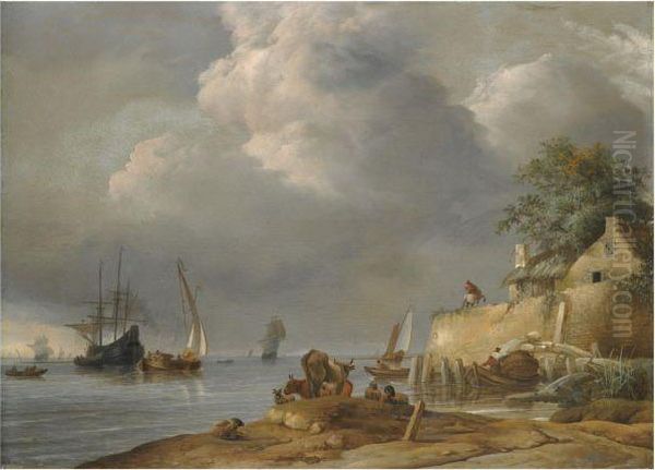 A Coastal Shipping Scene With 
Cattle And Sheep In The Foregroundand A Man On Horseback Outside An Inn Oil Painting by Jan van Os