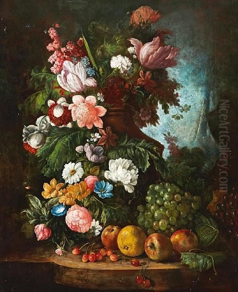 Tulips, Carnations, Peonies, 
Convolvulus And Other Flowers In A Stone Urn With Grapes, Apples And 
Other Fruit On A Stone Ledge, A Landscape Beyond. Oil Painting by Jan van Os