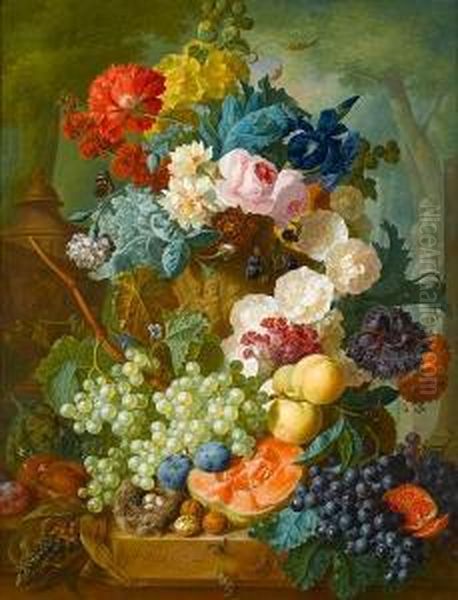 Roses, Irises, Carnations And 
Other Flowers Ina Stone Urn With Peaches, Grapes, Melon, Plums And 
Walnuts Beside Abird's Nest On A Stone Ledge, A Park Landscape Beyond Oil Painting by Jan van Os