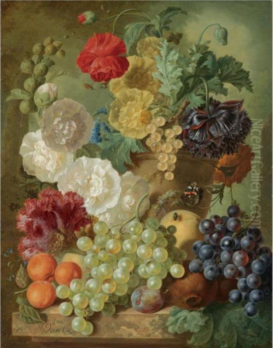 A Still Life With Hollyhocks, 
Poppies, An Anemone, Other Flowers And White-currants In A Terracotta 
Vase, With Apricots, White And Black Grapes, Pomegranates And A Plum, 
All Arranged On A Marble Ledge Oil Painting by Jan van Os