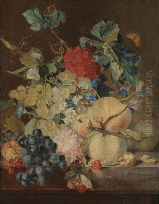 A Still Life With Peaches, 
Grapes, Raspberries Together With Various Flowers On A Stone Ledge Oil Painting by Jan van Os