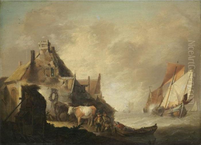 A Coastal Scene With Fishing 
Vessels In Stormy Seas, Figures With Cattle Before A House On The Shore Oil Painting by Jan van Os