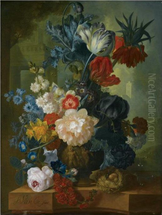 Still Life With A Bouquet Of 
Flowers In A Sculpted Vase, Including A Parrot Tulip, Morning Glory, A 
Black Iris, Peonies, Daffodils And A Crown Imperial, Together With A 
Bird's Nest On A Pink Marble Ledge Oil Painting by Jan van Os